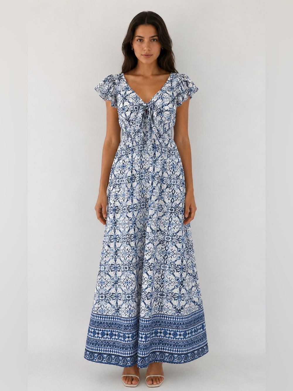 Taylor Blue and White Printed Maxi Dress with Front Tie